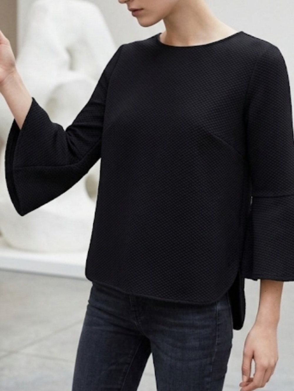 Zara W&B Black Textured Bell Sleeve High-Low Top Size S